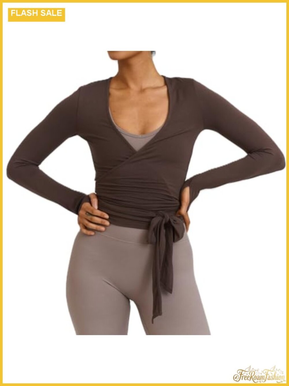 Women's Ballet Wrap Top Long Sleeve V-Neck Tie Front Workout Athletic Shirt